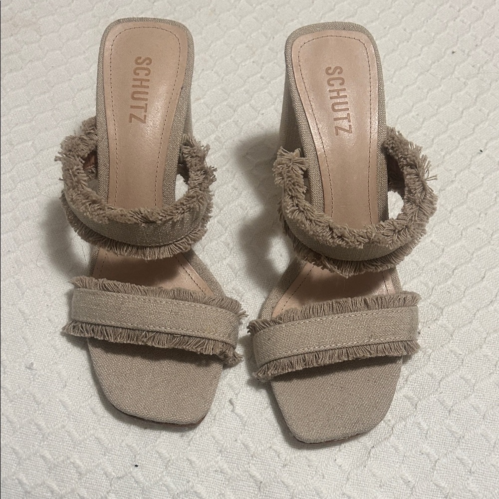 SCHUTZ Beige Fringe Double-Strap Mule Heels